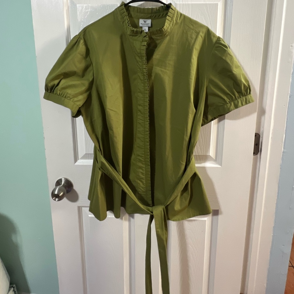 Worthington Olive Green Short sleeves Blouse top with Tie Waist. Size 2X